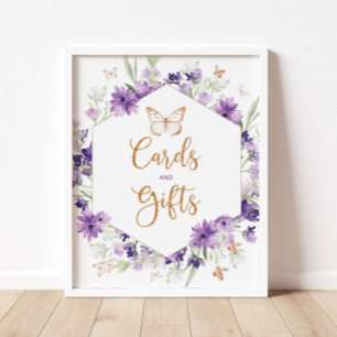 Paarse lijsten vlindervliegkaarten en geschenken poster