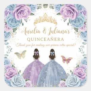 Paarse Lila Baby Blauw Bloemen Twins Quinceañera Vierkante Sticker