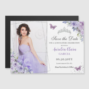 Paarse Lila Bloemen Quinceañera 16e Save the Date