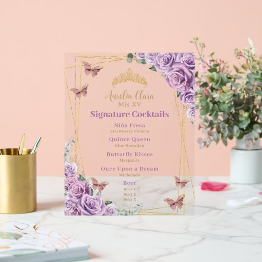 Paarse Lila Bloemen Quinceanera Bar Cocktail Menu Acryl Bord (Huwelijk)