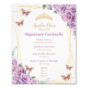 Paarse Lila Bloemen Quinceanera Bar Cocktail Menu Foto Afdruk