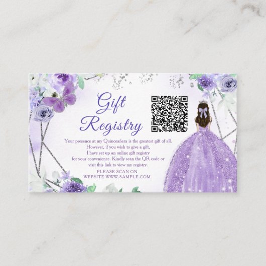 Paarse Lila Bloemen Quinceañera QR Gift Registry Informatiekaartje (Voorkant)