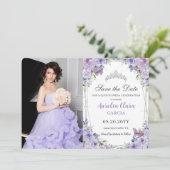 Paarse Lila Bloemen Quinceañera Sweet 16 Afbeeldin Save The Date (Staand voorkant)