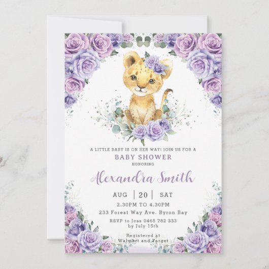 Paarse Lila Bloemen Schattig Leeuwenwelpje Baby sh Kaart (Voorkant)