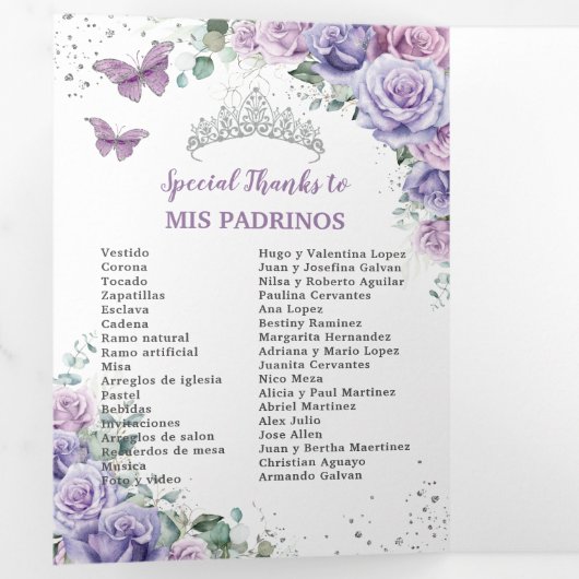 Paarse Lila Bloemen Zilver Quinceañera 15 Programm Drieluik Uitnodiging (Binnenzijde eerst)