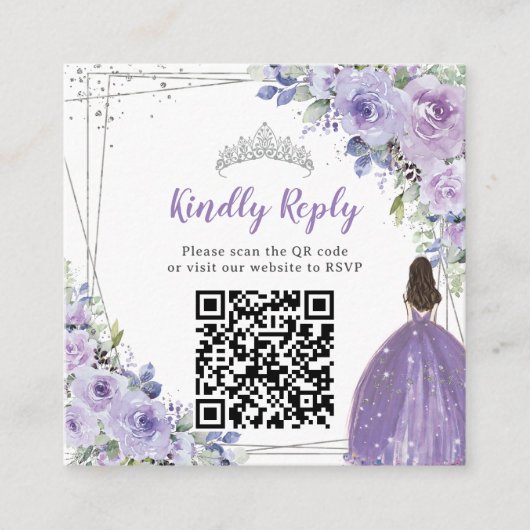 Paarse Lila Bloemen Zilver Quinceañera QR Code Informatiekaartje (Voorkant)