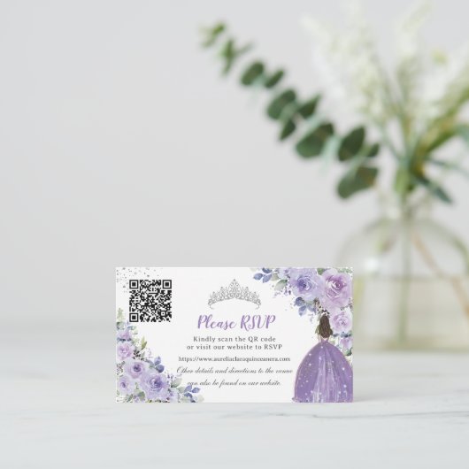 Paarse Lila Bloemen Zilver Quinceañera QR Code Informatiekaartje (Staand voorkant)