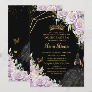 Paarse Lila Bloemen Zwarte Jurk Goud Quinceañera Kaart
