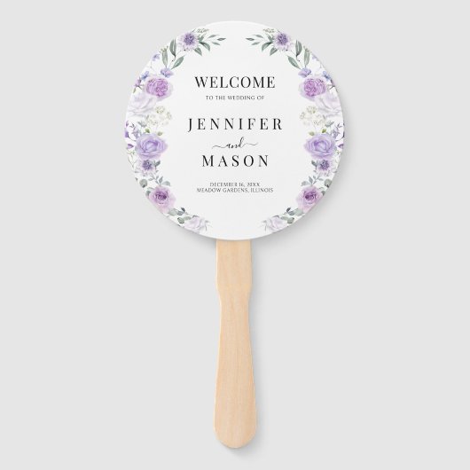 Paarse Lila Bloemenkrans Trouwprogramma Handwaaier (Voorkant)