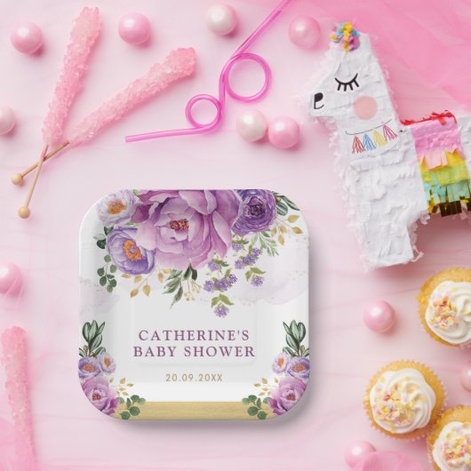 Paarse Lila Bloementuin Baby in Bloomdouche Papieren Bordje (Feest)