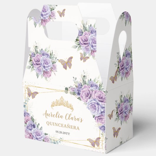 Paarse Lila Bloemenvlinders Gouden Tiara Gable Bedankdoosjes (Open)
