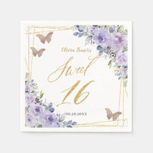 Paarse Lila bloemenvlinders goudzoet zestien Servet