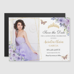 Paarse Lila Floral Gold Quinceañera Save the Date