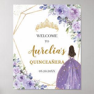 Paarse Lila Floral Gold Quinceañera Welkom Poster