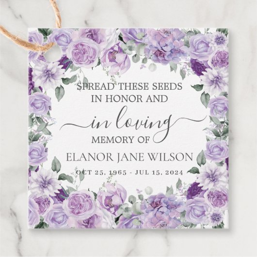Paarse Lila Floral Memorial Funeral Seed Packet Bedankjes Labels (Voorkant)