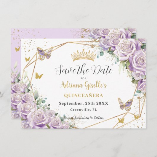 Paarse Lila Floral Princess Gold Quinceañera Save The Date (Voorkant / Achterkant)