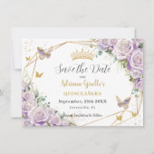 Paarse Lila Floral Princess Gold Quinceañera Save The Date (Voorkant)