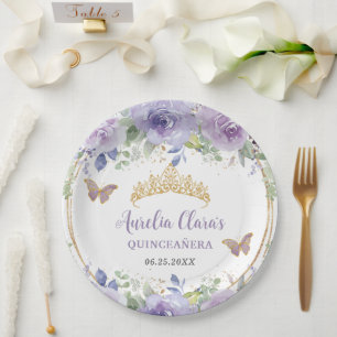 Paarse Lila Floral Quinceañera Crown Butterflies Papieren Bordje