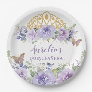 Paarse Lila Floral Quinceañera Crown Butterflies Papieren Bordje