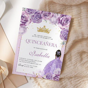 Paarse Lila Floral Quinceanera Gold Princess Kaart
