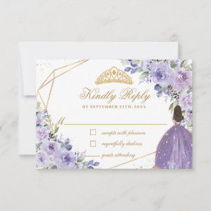Paarse Lila Floral Quinceañera Princess Crown RSVP Kaartje