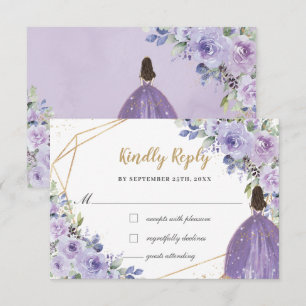 Paarse Lila Floral Quinceañera Princess Reply RSVP Kaartje