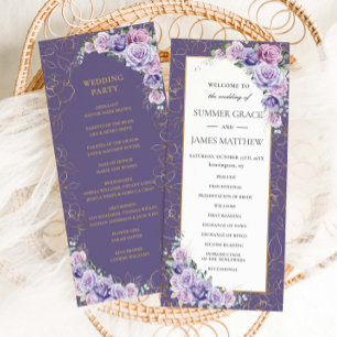 Paarse Lila Lavendel Line Art Floral Wedding Programma