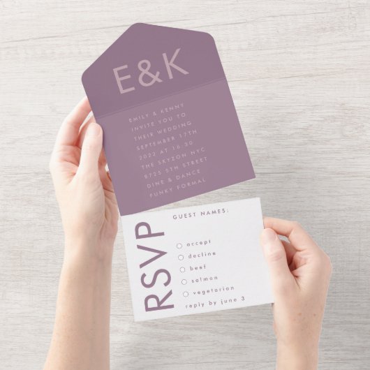 Paarse Lila moderne monogram - weduwschap All In One Uitnodiging (Afscheurbaar)