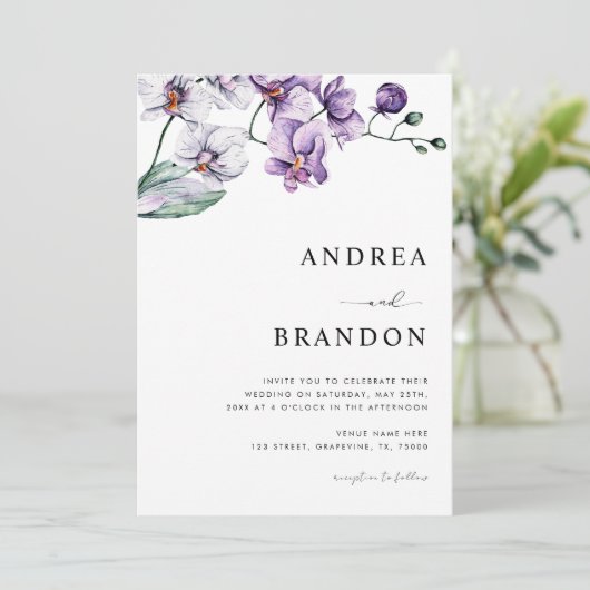 Paarse Lila orchidee QR-code in één bruiloft Kaart (Staand voorkant)