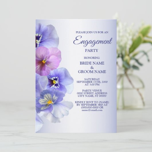 Paarse Lila Pansy Floral Rustic Engagement Party Kaart (Staand voorkant)
