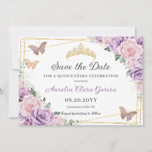 Paarse Lila roze bloemige quinceañera zoet zestien Save The Date (Voorkant)