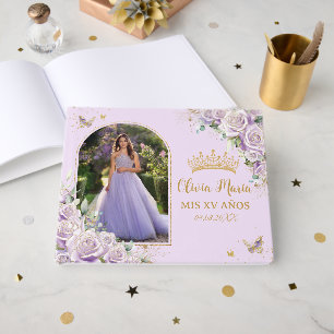 Paarse Lila Rozen Floral Gold Quinceañera Foto Gastenboek