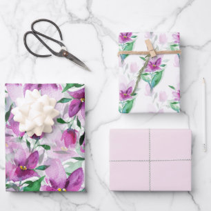 Paarse Lila Waterverf Bloemen Handgeschilderd Inpakpapier Vel