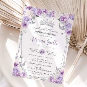 Paarse Lila Witte Bloemen Zilver Quinceañera XV 16 Kaart