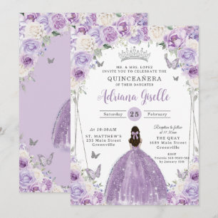 Paarse Lila Witte Bloemen Zilver Quinceañera XV 16 Kaart