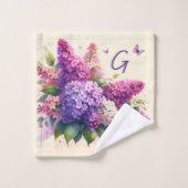 Paarse lila's Bloemen Monogram Handdoek Set (Wasdoekje)