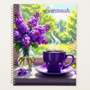 Paarse lila's en koffie gepersonaliseerd Planner
