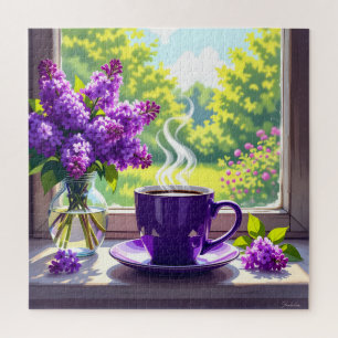  Paarse lila's en koffie Legpuzzel