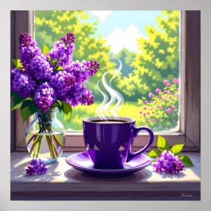  Paarse lila's en koffie Poster