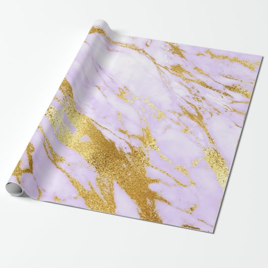 Paarse Lily Gold Pastel White Marble Shiny Glam Cadeaupapier (Uitgerold)