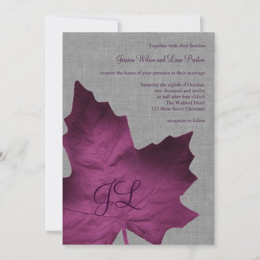 Paarse Linen Monogrammed Wedding Invitation Kaart (Voorkant)