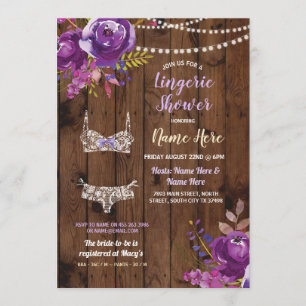Paarse Lingerie Shower Bachelorette Wood Invite Kaart