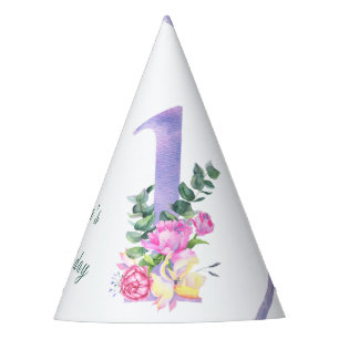 Paarse lint bloemen eerste verjaardagsfeestje feesthoedjes
