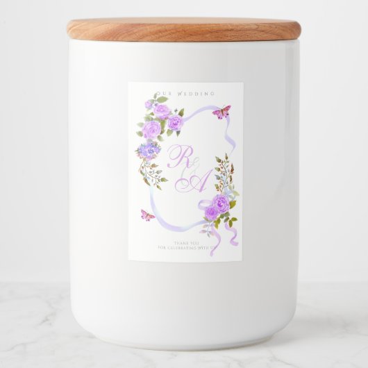Paarse lint monogram bruiloft voedselcontainer etiket (Voorkant)