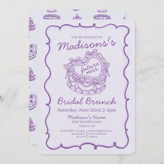 Paarse Lint Retro Hart Coquette Cake Bruids Brunch Kaart (Voorkant / Achterkant)