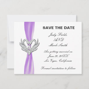 Paarse lint zilveren zwanen save the date kaart