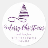 Paarse lintboom vrolijk kerstscript ronde sticker (Voorkant)