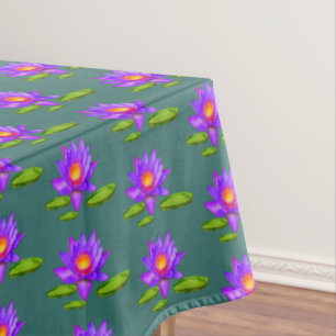 Paarse Lotusbloemen & Waterlelies op saffiergroen Tafelkleed