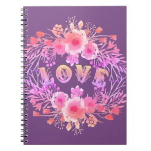 Paarse LOVE in Waterverf bloemen Notitieboek