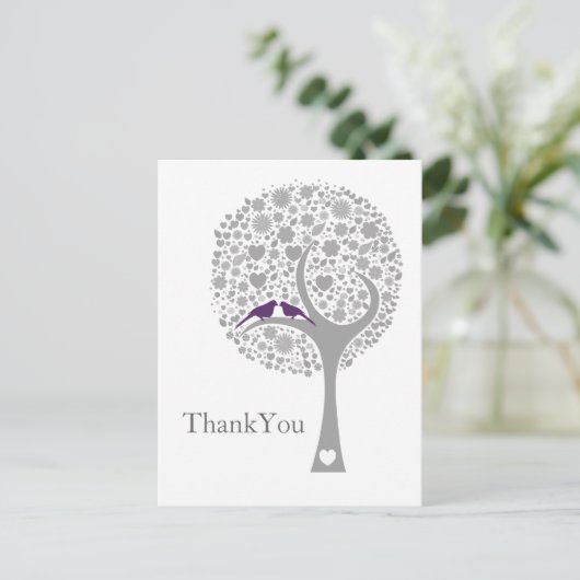 paarse lovevogels met een bruiloft bedankt briefkaart (Staand voorkant)